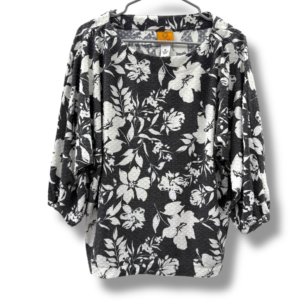 Ruby Rd Gray‎ & White Floral 3/4 Sleeve Textured Top Sz M NEW